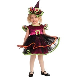 Fantasia Infantil Bruxinha Halloween Colorida com Chapéu